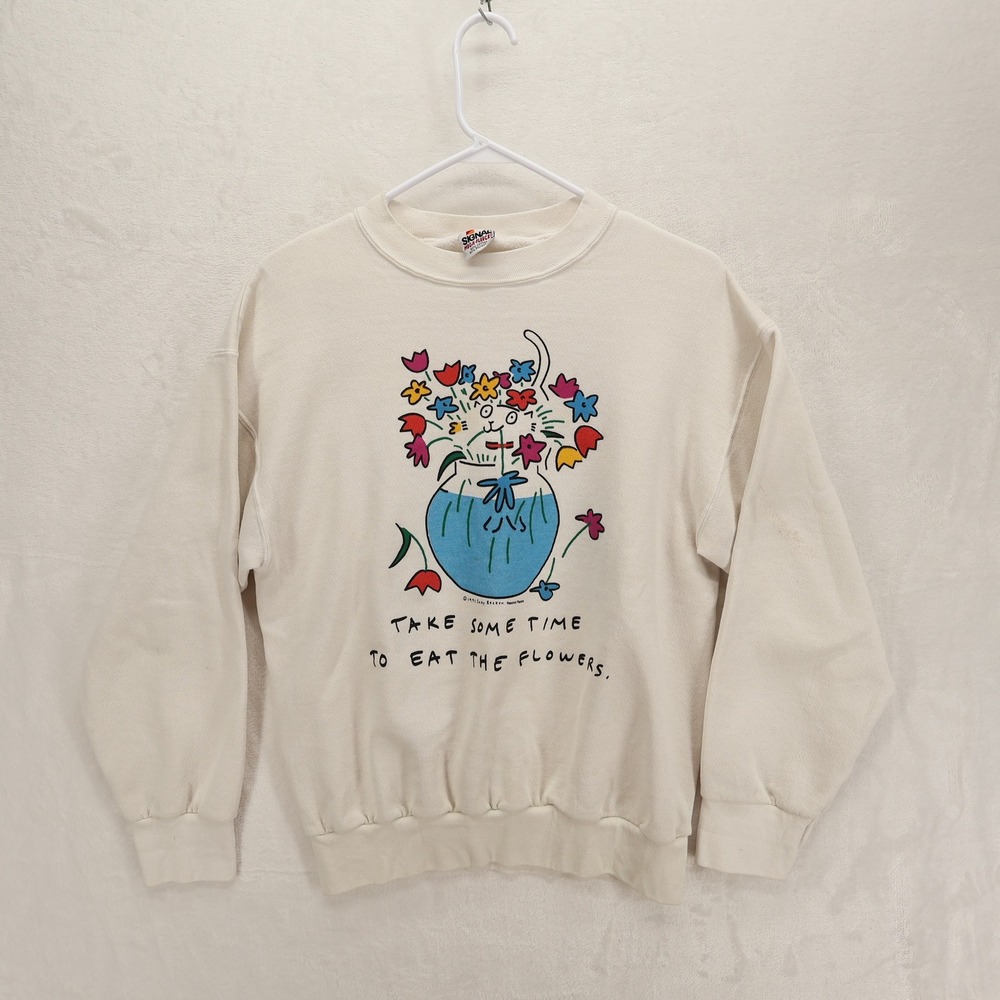 Vintage Signal Mega-Fleece Suzy Spafford Cat Flower Sweatshirt Cream Large USA